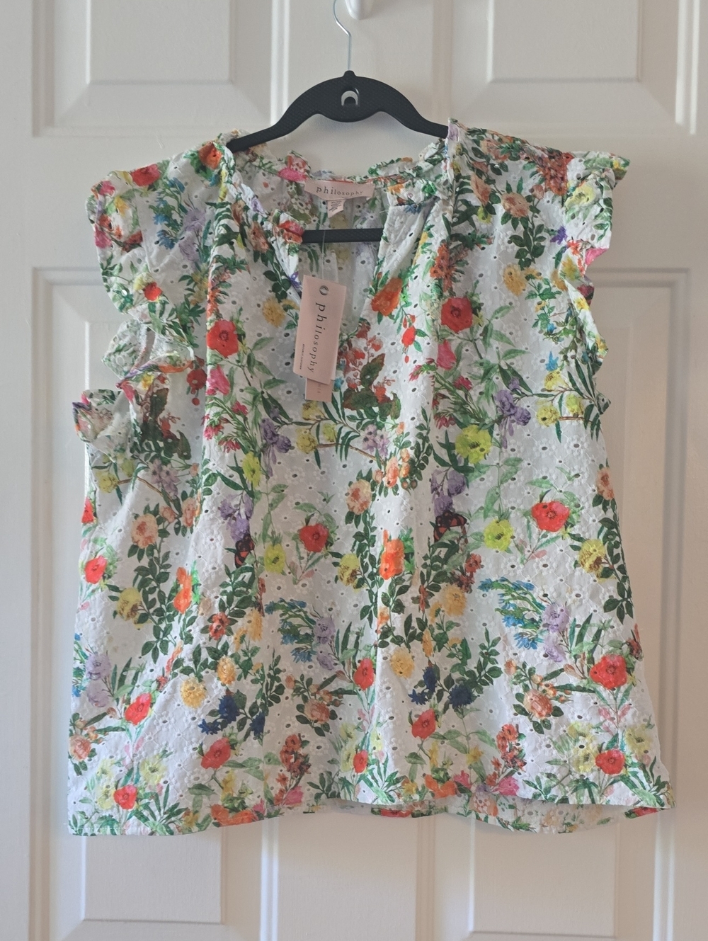 NWT Philosophy Floral Eyelet Blouse 100% Cotton Flutter Sleeve Top White XL